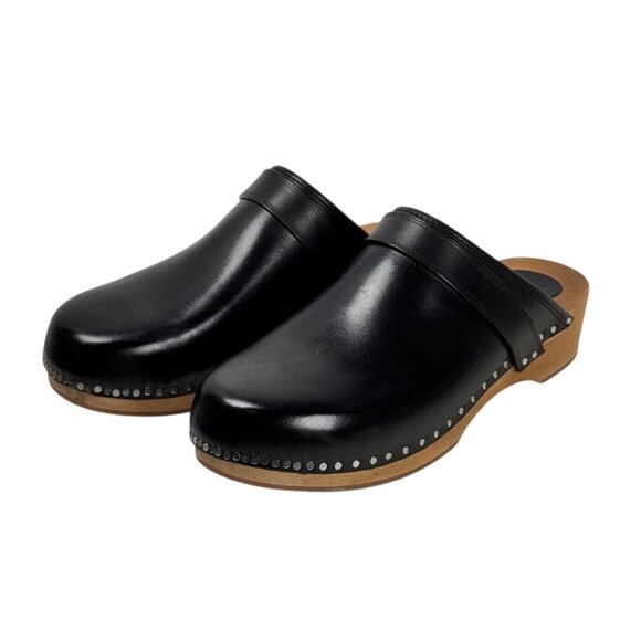 Isabel Marant Thalie Leather Clogs SZ 38 Black Wood Soles Studs Dutch Swedish - Picture 2 of 16